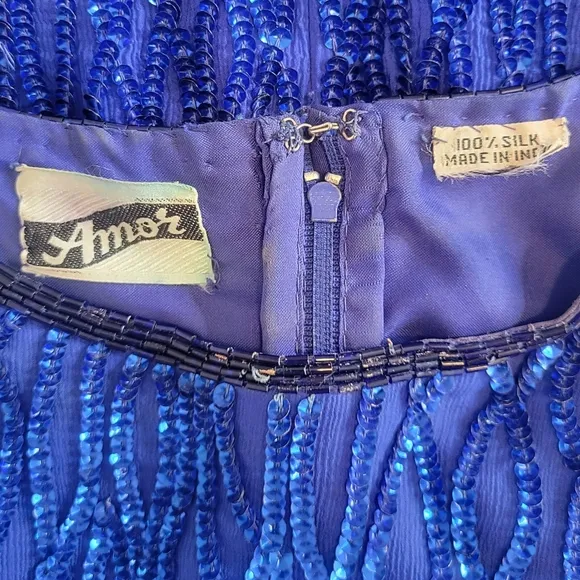 Vintage Amor 100% Silk Cobalt Sequins Short Sleeve Midi Sheath Dress