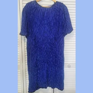 Vintage Amor 100% Silk Cobalt Sequins Short Sleeve Midi Sheath Dress