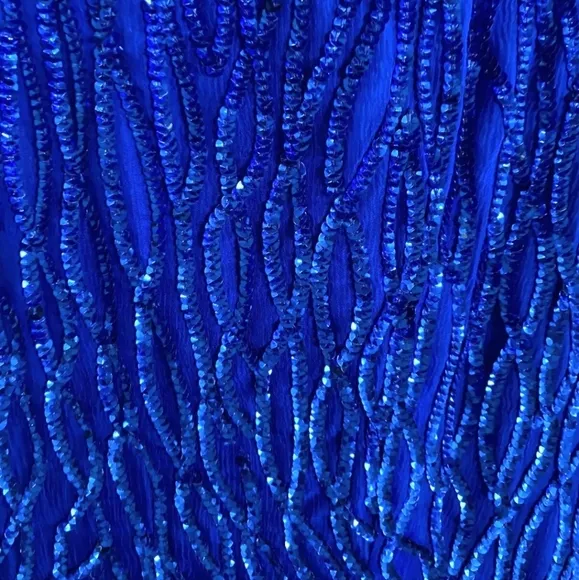 Vintage Amor 100% Silk Cobalt Sequins Short Sleeve Midi Sheath Dress