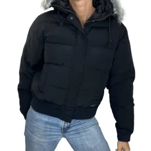 Vintage black cropped hooded down puffer coat L