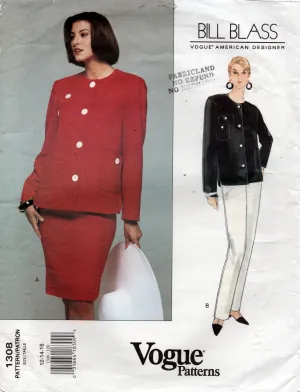 Vogue American Designer 1308 BILL BLASS Womens Collarless Jacket Skirt Pants 1990s Vintage Sewing Pattern Size 12 - 16 UNCUT Factory Folded