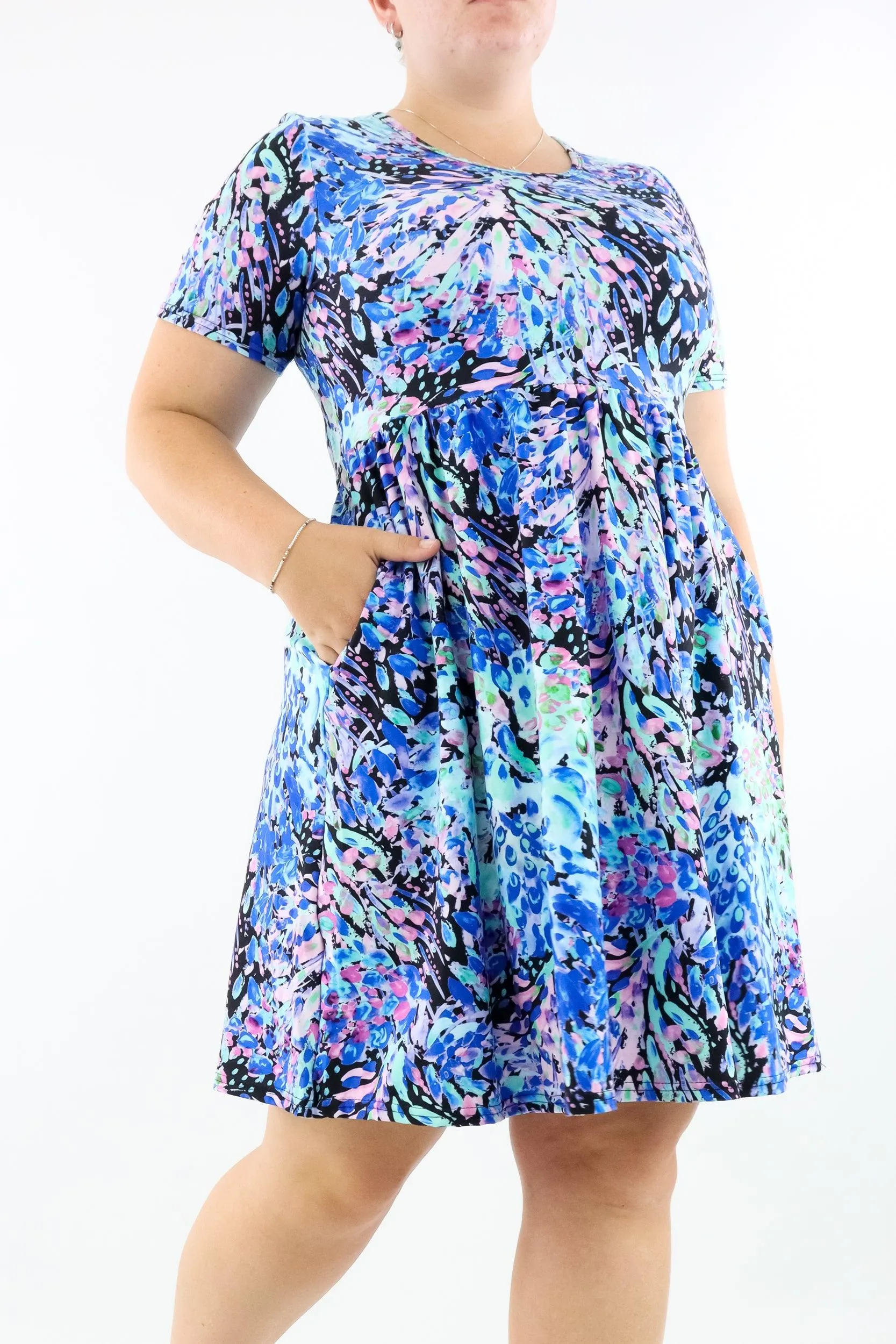 Watercolour Peacock - Short Sleeve Skater Dress - Knee Length - Side Pockets