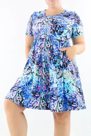 Watercolour Peacock - Short Sleeve Skater Dress - Knee Length - Side Pockets