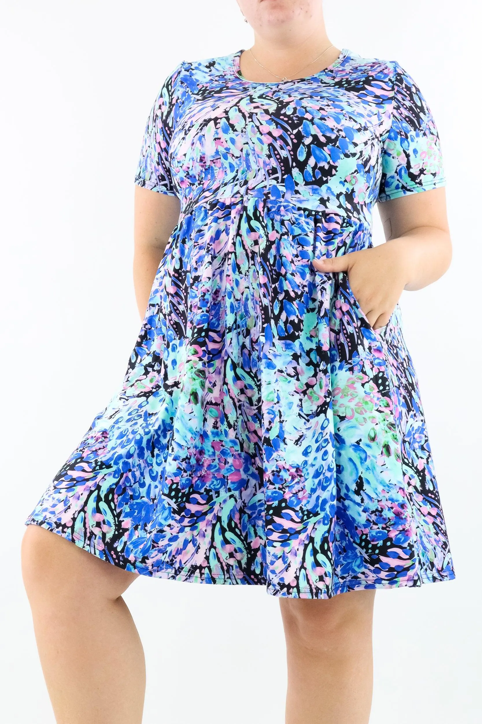 Watercolour Peacock - Short Sleeve Skater Dress - Knee Length - Side Pockets