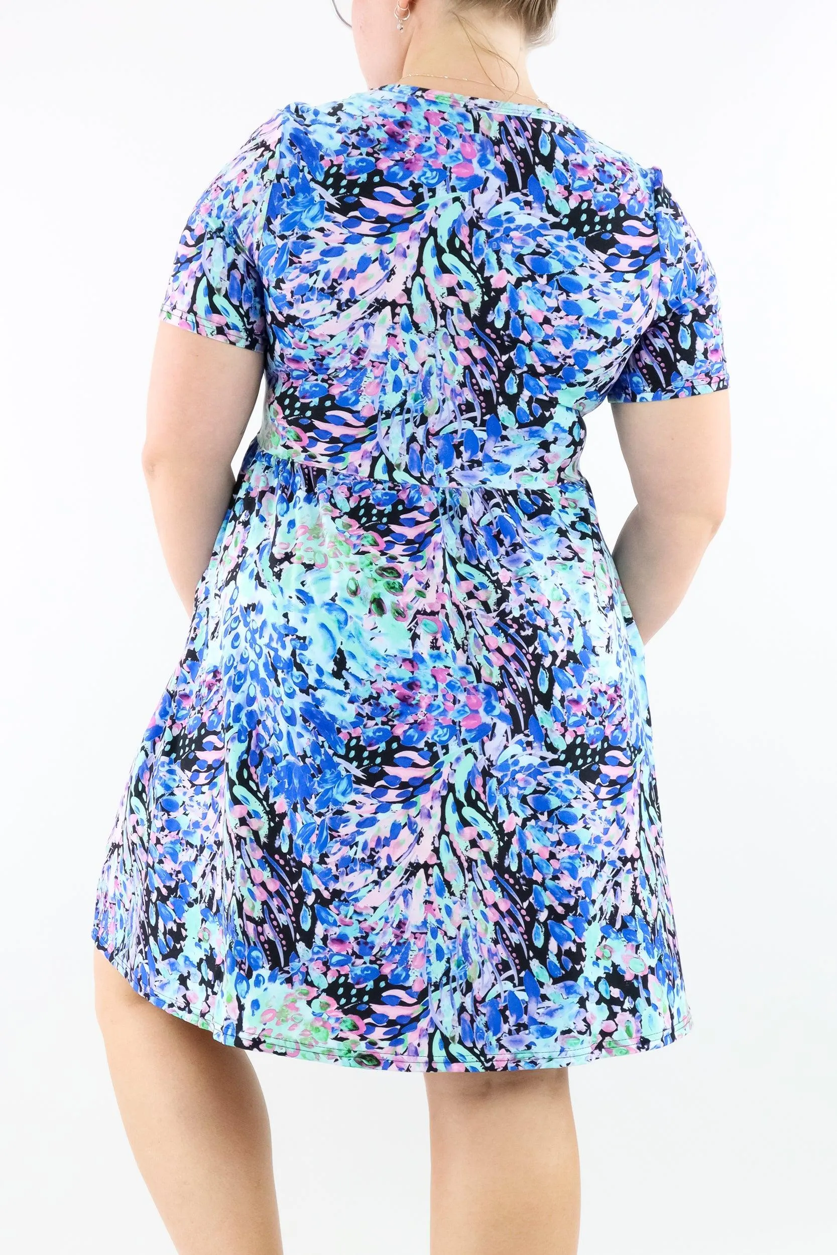 Watercolour Peacock - Short Sleeve Skater Dress - Knee Length - Side Pockets