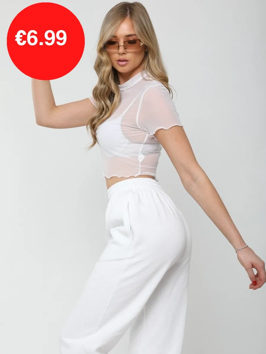 White Butterfly Embroidered Mesh Crop Top