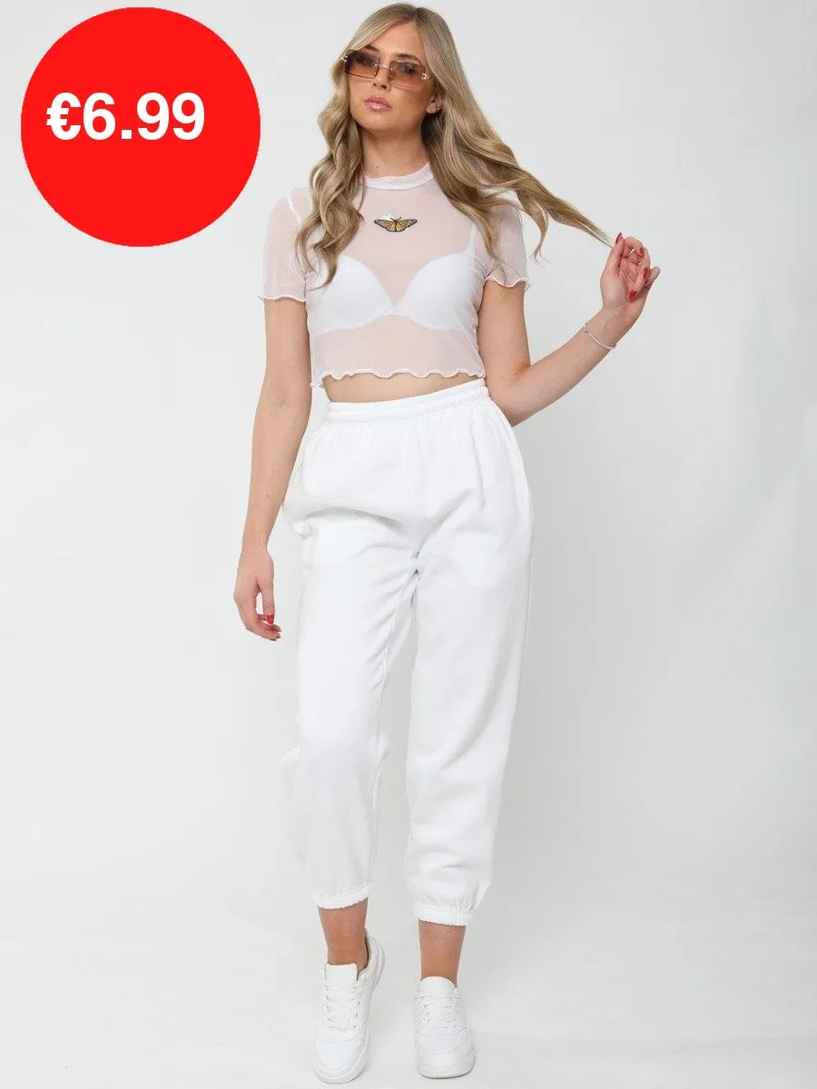 White Butterfly Embroidered Mesh Crop Top