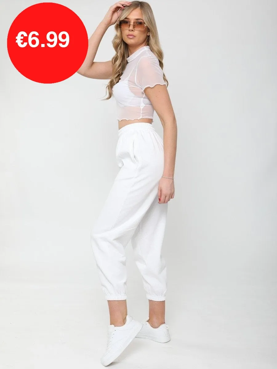 White Butterfly Embroidered Mesh Crop Top
