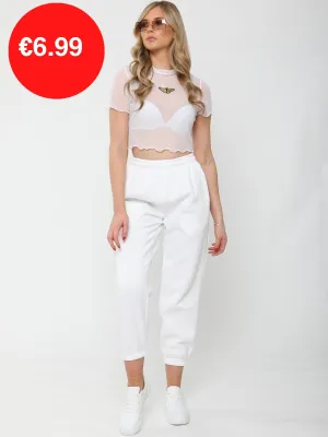 White Butterfly Embroidered Mesh Crop Top