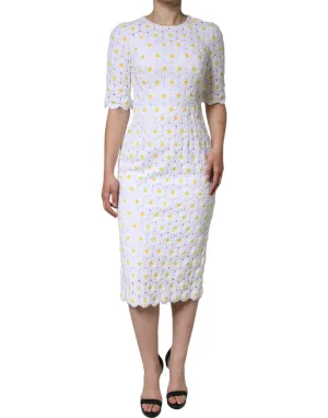 White Daisy Macrame Lace Sheath Midi Dress