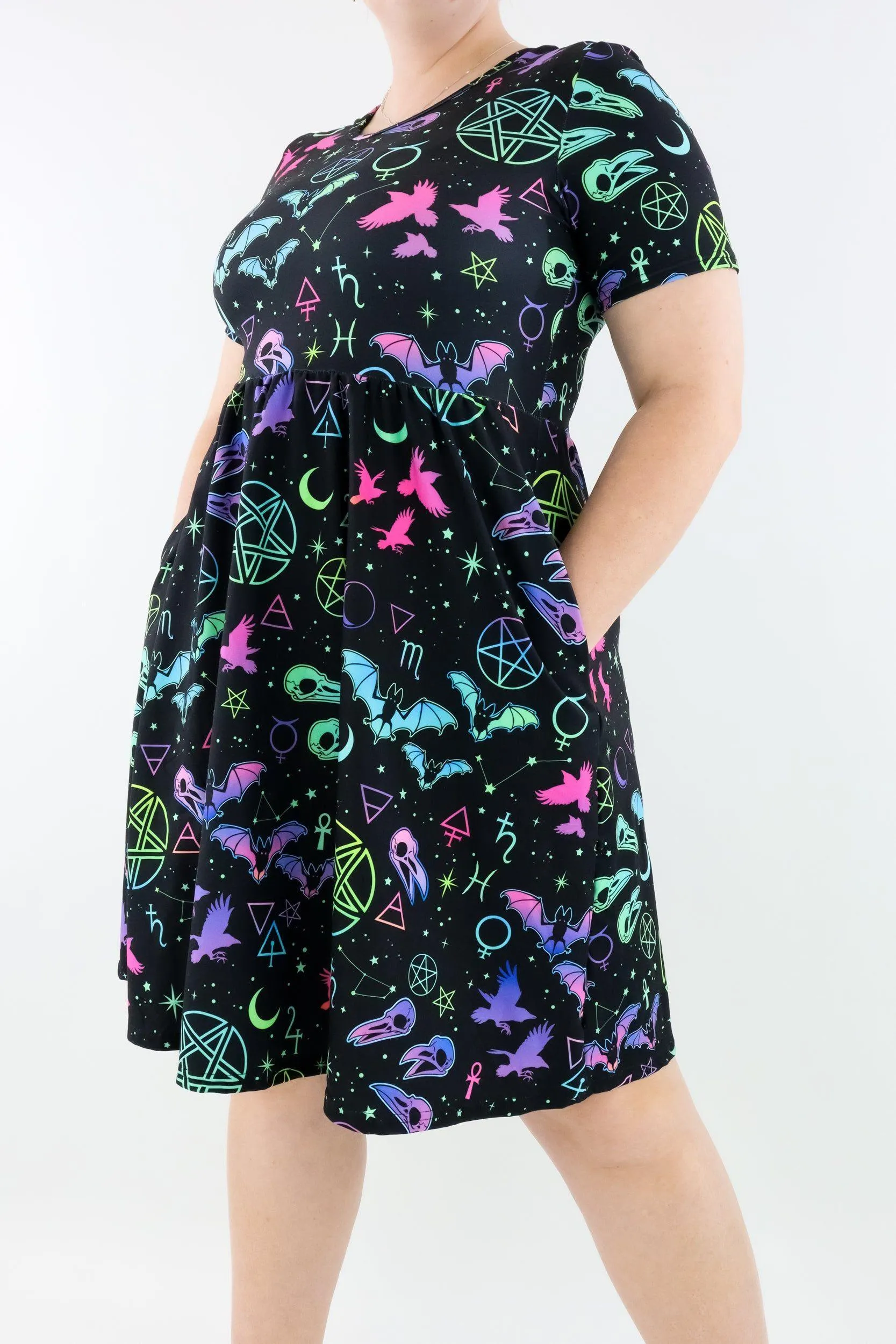 Witch Craft - Short Sleeve Skater Dress - Knee Length - Side Pockets