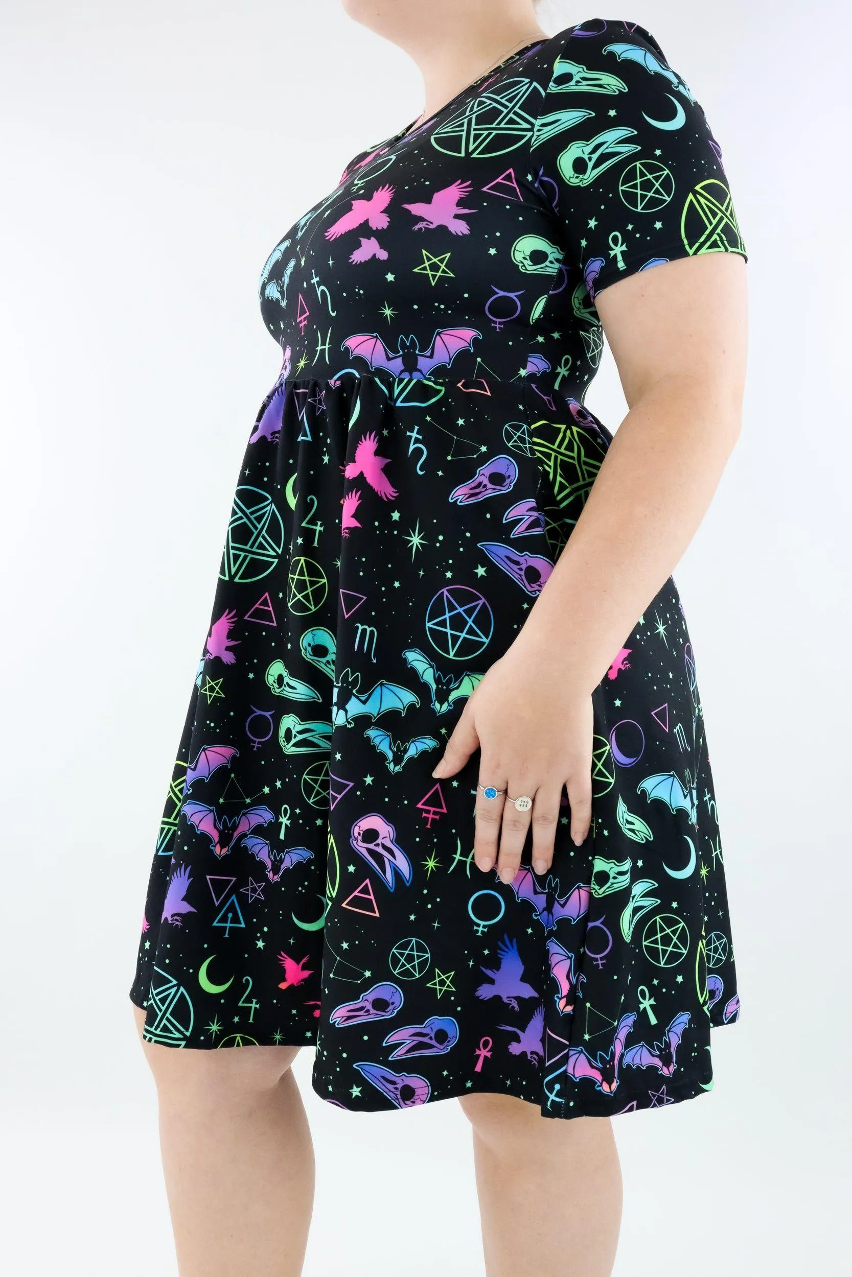 Witch Craft - Short Sleeve Skater Dress - Knee Length - Side Pockets
