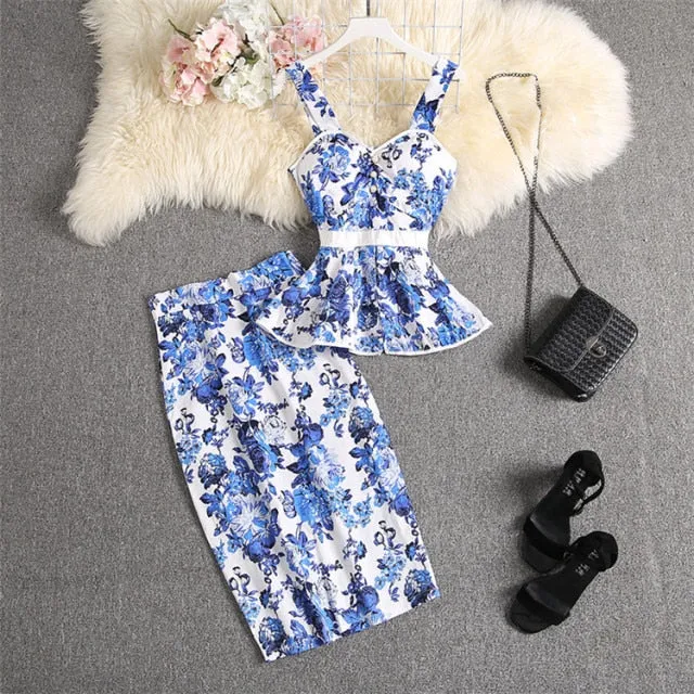 Women Blouses Outfit Knee Length Skirt Set