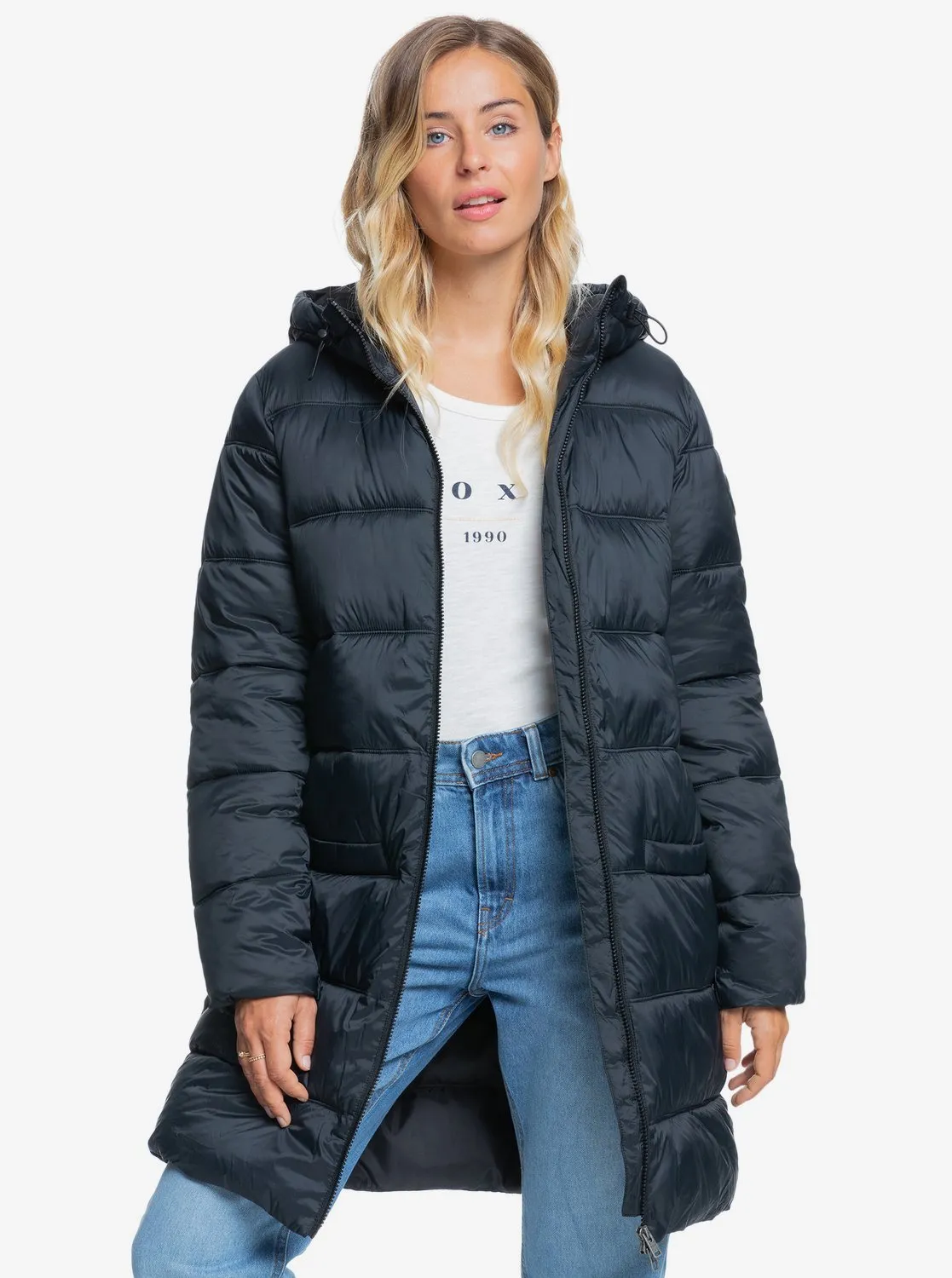 Womens Crest Of The Wave Longline Hooded Puffer Jacket