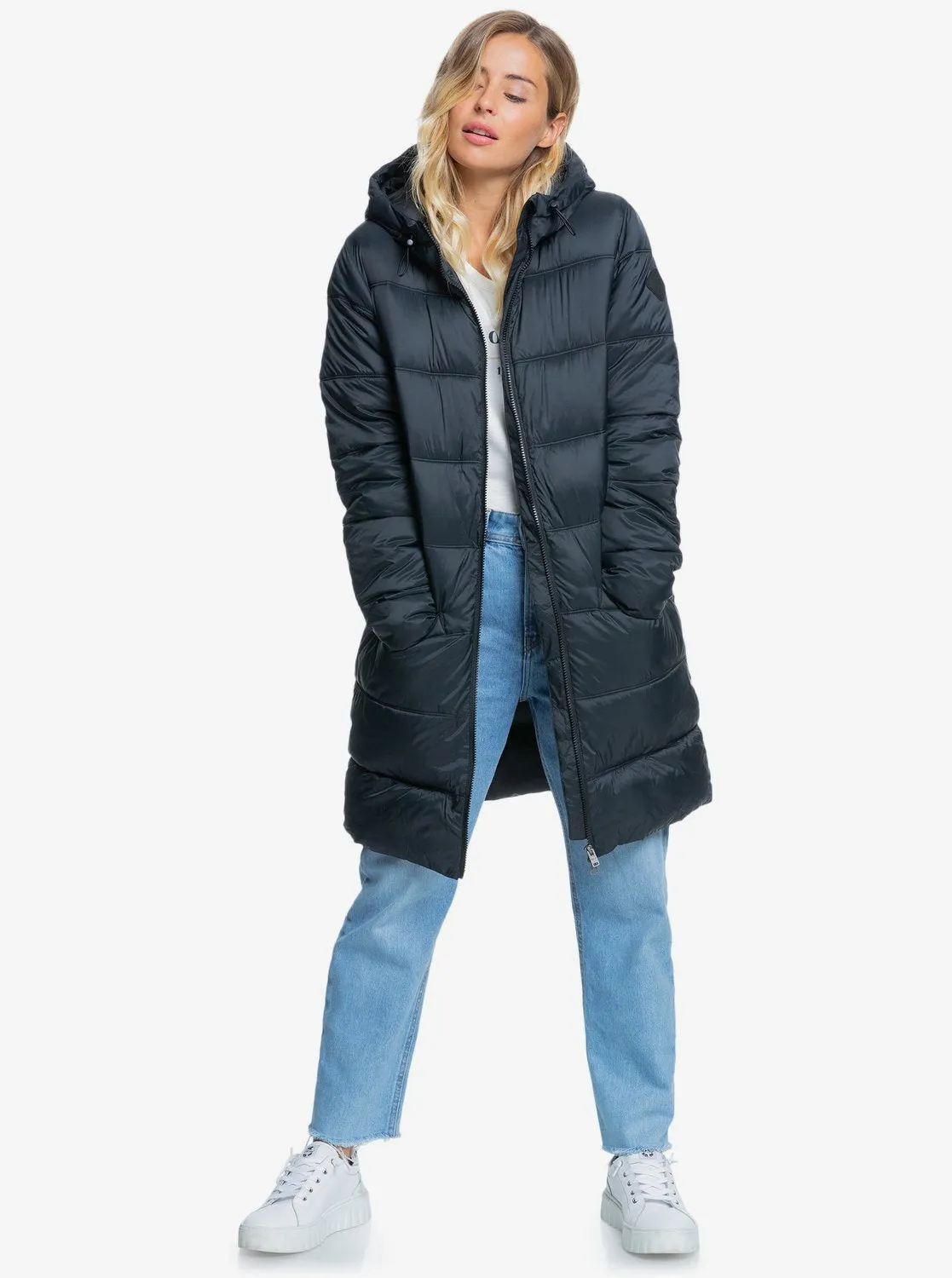 Womens Crest Of The Wave Longline Hooded Puffer Jacket