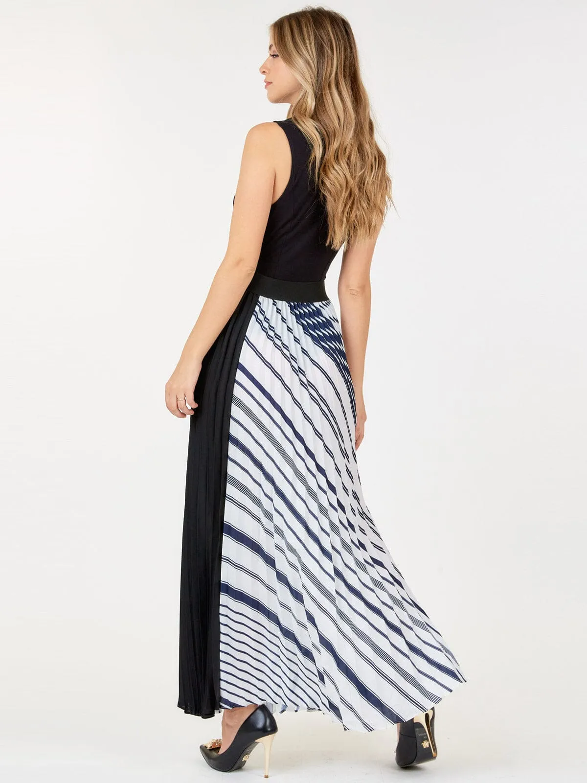 WOMEN'S ELASTIC WAIST FRONT SLIT PLEATED PRINT MAXI SKIRT
