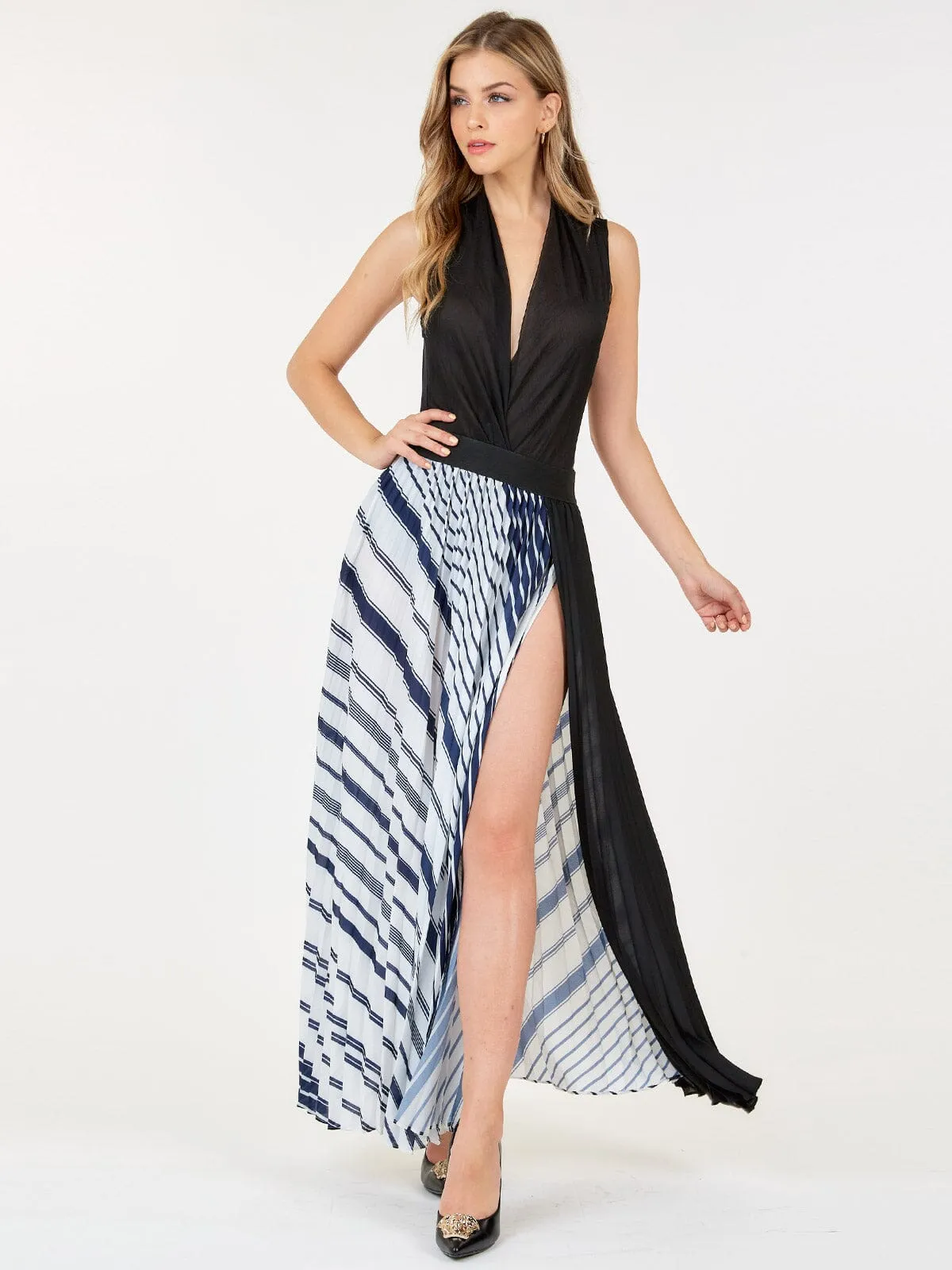 WOMEN'S ELASTIC WAIST FRONT SLIT PLEATED PRINT MAXI SKIRT