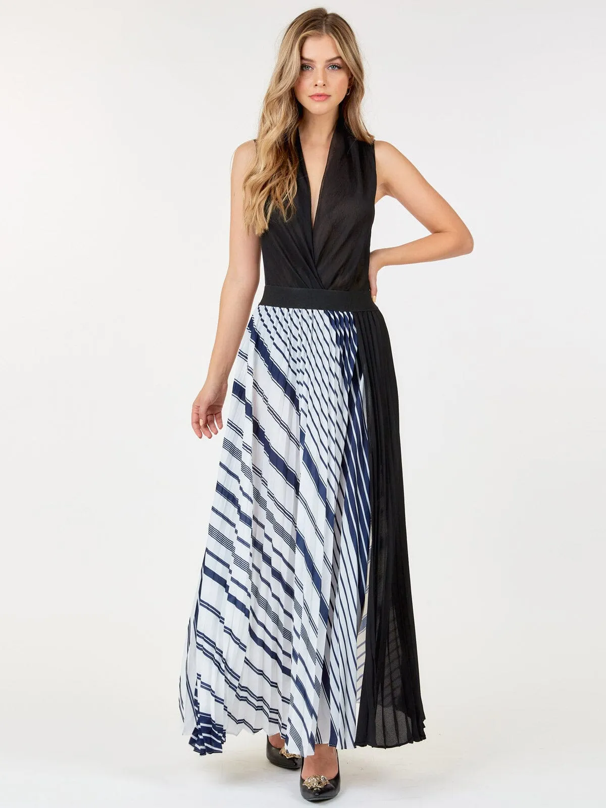 WOMEN'S ELASTIC WAIST FRONT SLIT PLEATED PRINT MAXI SKIRT
