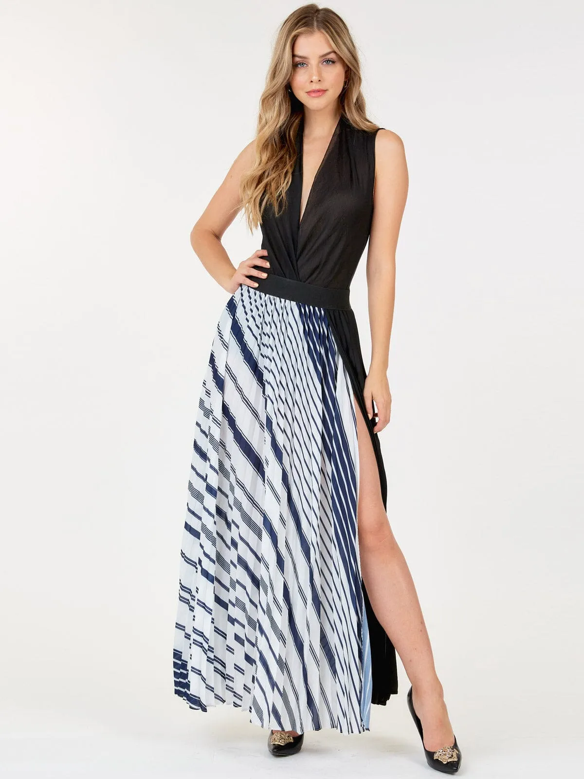 WOMEN'S ELASTIC WAIST FRONT SLIT PLEATED PRINT MAXI SKIRT