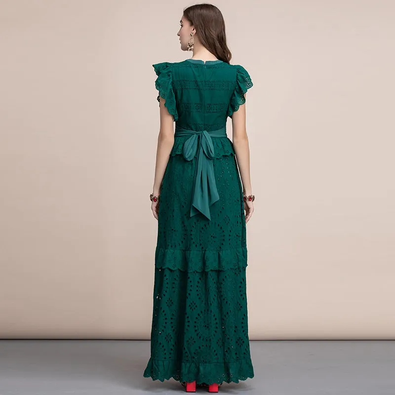 Women's Front Self Belted Cotton Formal Party Dresses