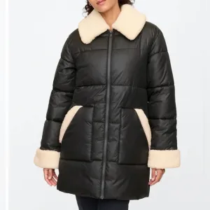 Womens GAP Relaxed ColdControl Long Sherpa Puffer Coat Black/ White Trim Quilted