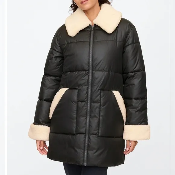 Womens GAP Relaxed ColdControl Long Sherpa Puffer Coat Black/ White Trim Quilted