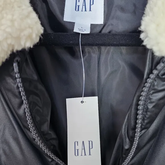 Womens GAP Relaxed ColdControl Long Sherpa Puffer Coat Black/ White Trim Quilted