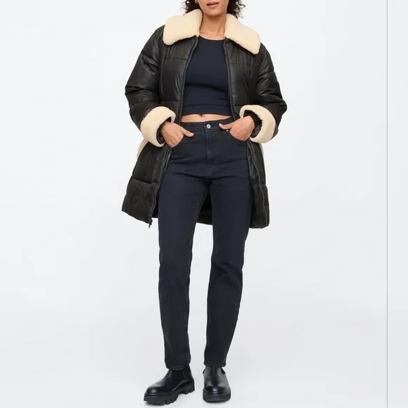 Womens GAP Relaxed ColdControl Long Sherpa Puffer Coat Black/ White Trim Quilted