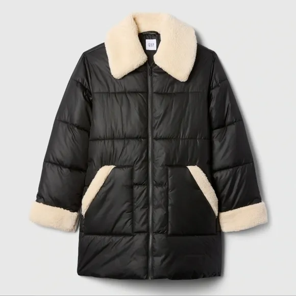 Womens GAP Relaxed ColdControl Long Sherpa Puffer Coat Black/ White Trim Quilted