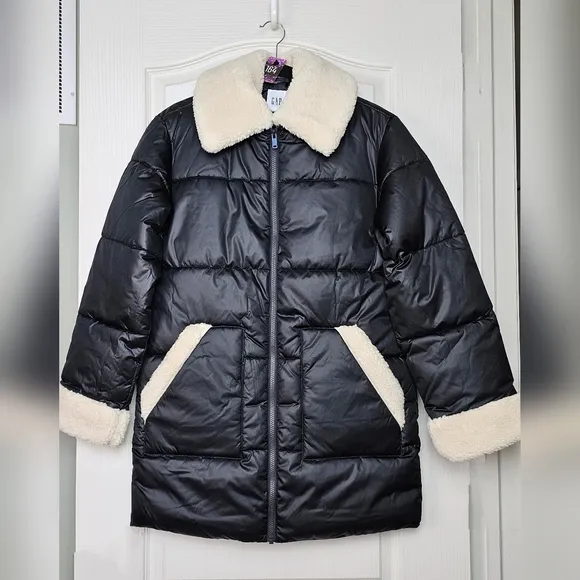 Womens GAP Relaxed ColdControl Long Sherpa Puffer Coat Black/ White Trim Quilted