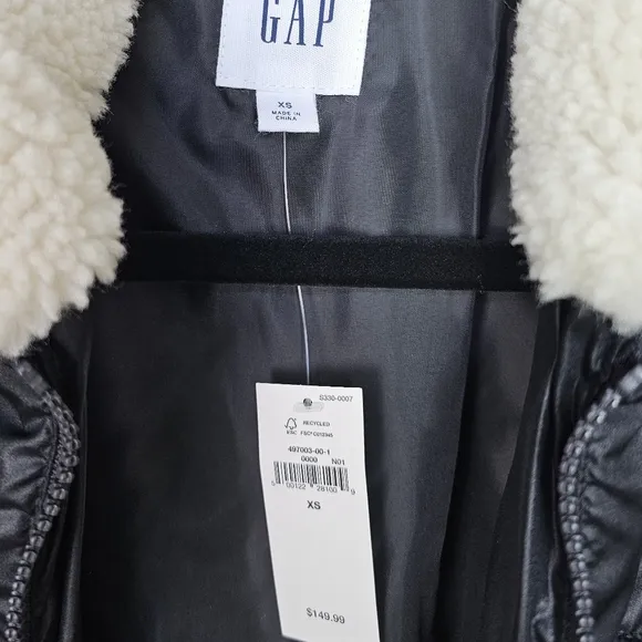 Womens GAP Relaxed ColdControl Long Sherpa Puffer Coat Black/ White Trim Quilted