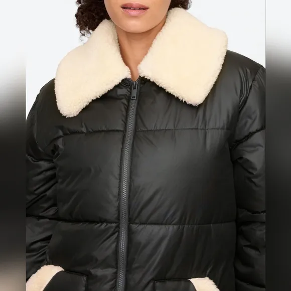 Womens GAP Relaxed ColdControl Long Sherpa Puffer Coat Black/ White Trim Quilted
