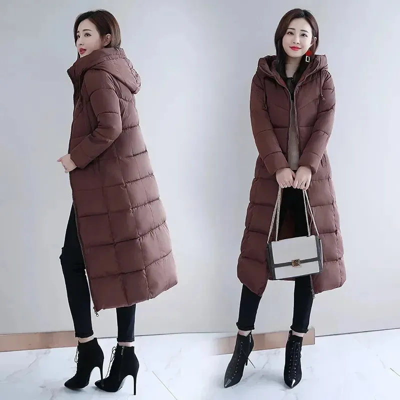 Women's Long Hooded Puffer Coat – Winter Essential - Plus Sizes