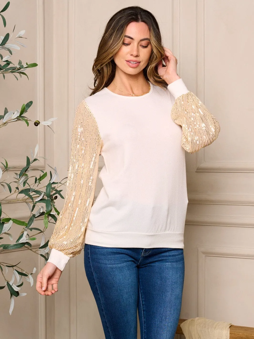 WOMENS LONG SEQUINS SLEEVE BLOUSE TOP