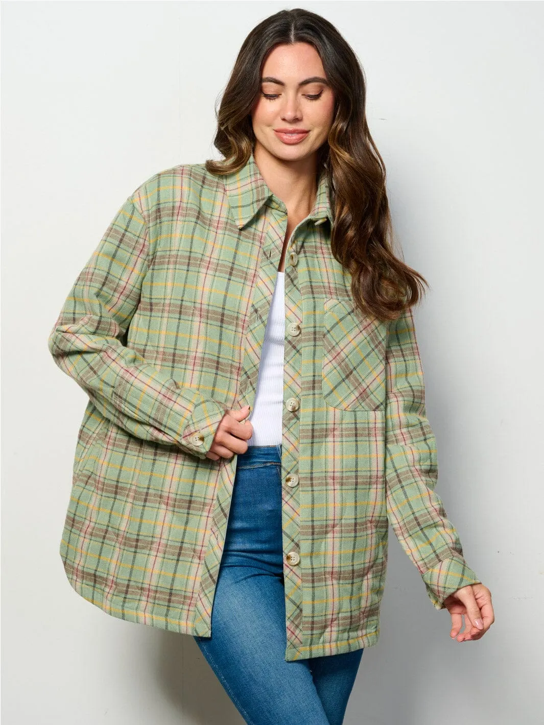 WOMEN'S LONG SLEEVE BUTTON UP FRONT POCKETS PUFFER PLAID JACKET