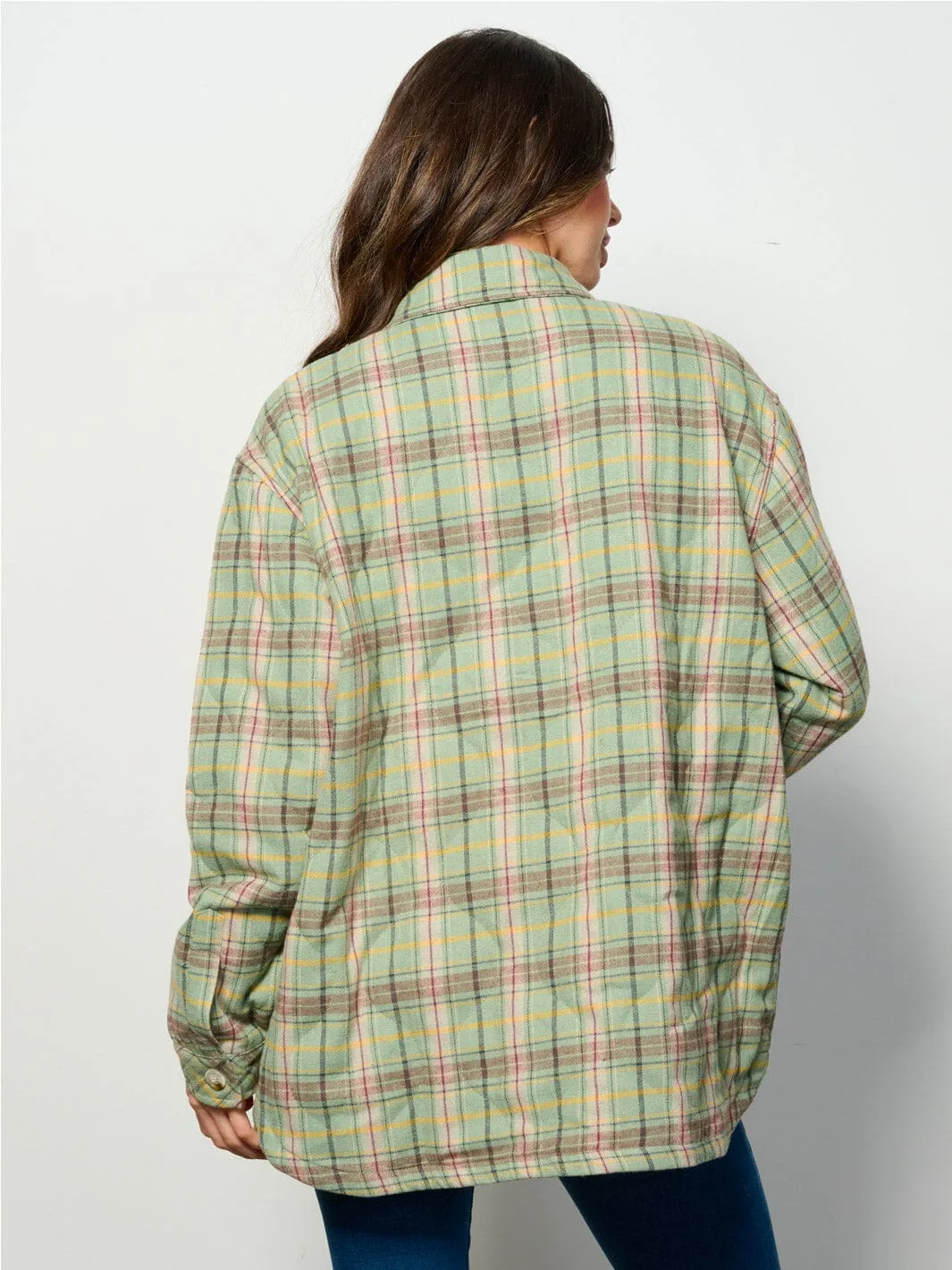 WOMEN'S LONG SLEEVE BUTTON UP FRONT POCKETS PUFFER PLAID JACKET