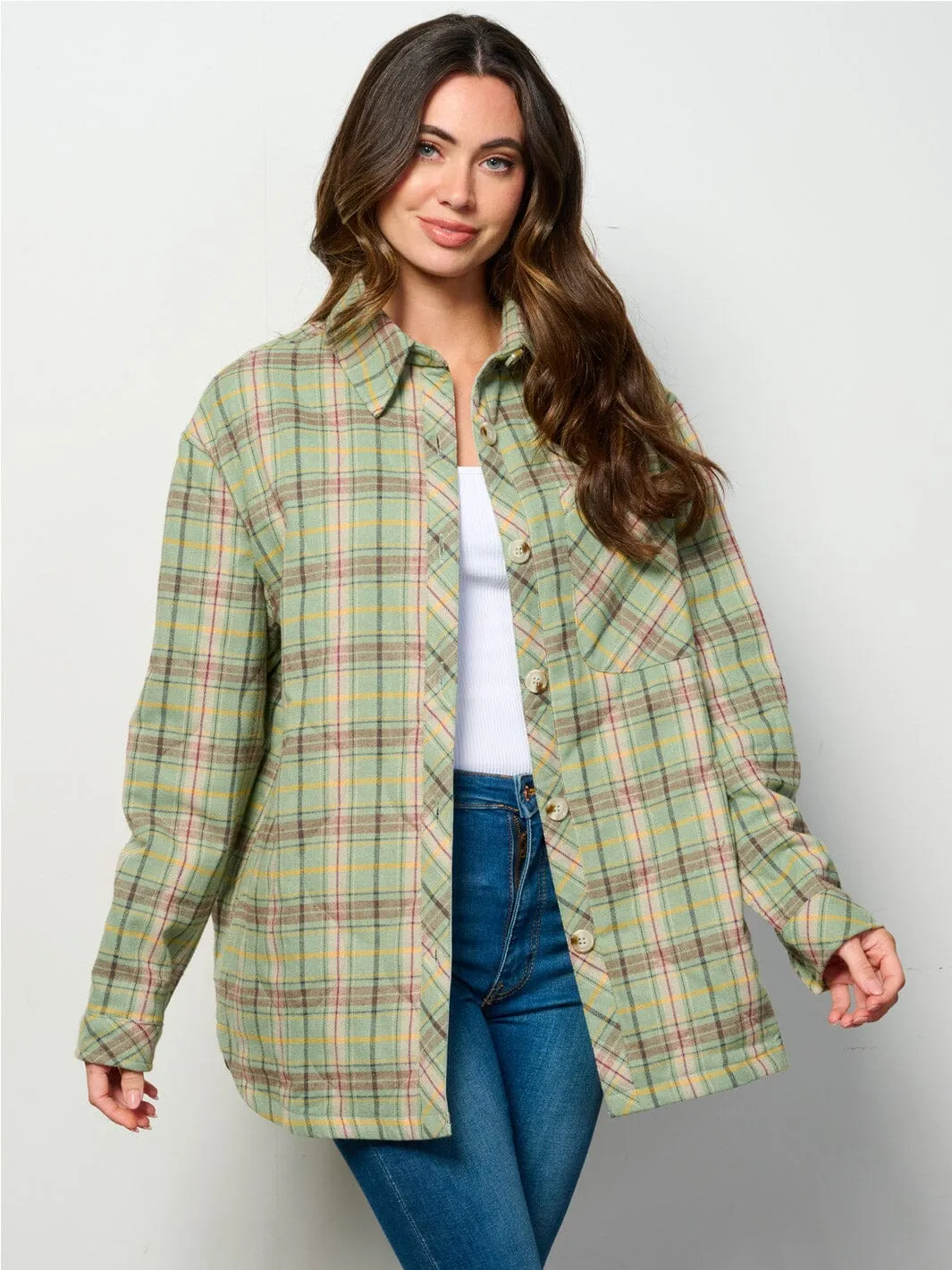 WOMEN'S LONG SLEEVE BUTTON UP FRONT POCKETS PUFFER PLAID JACKET