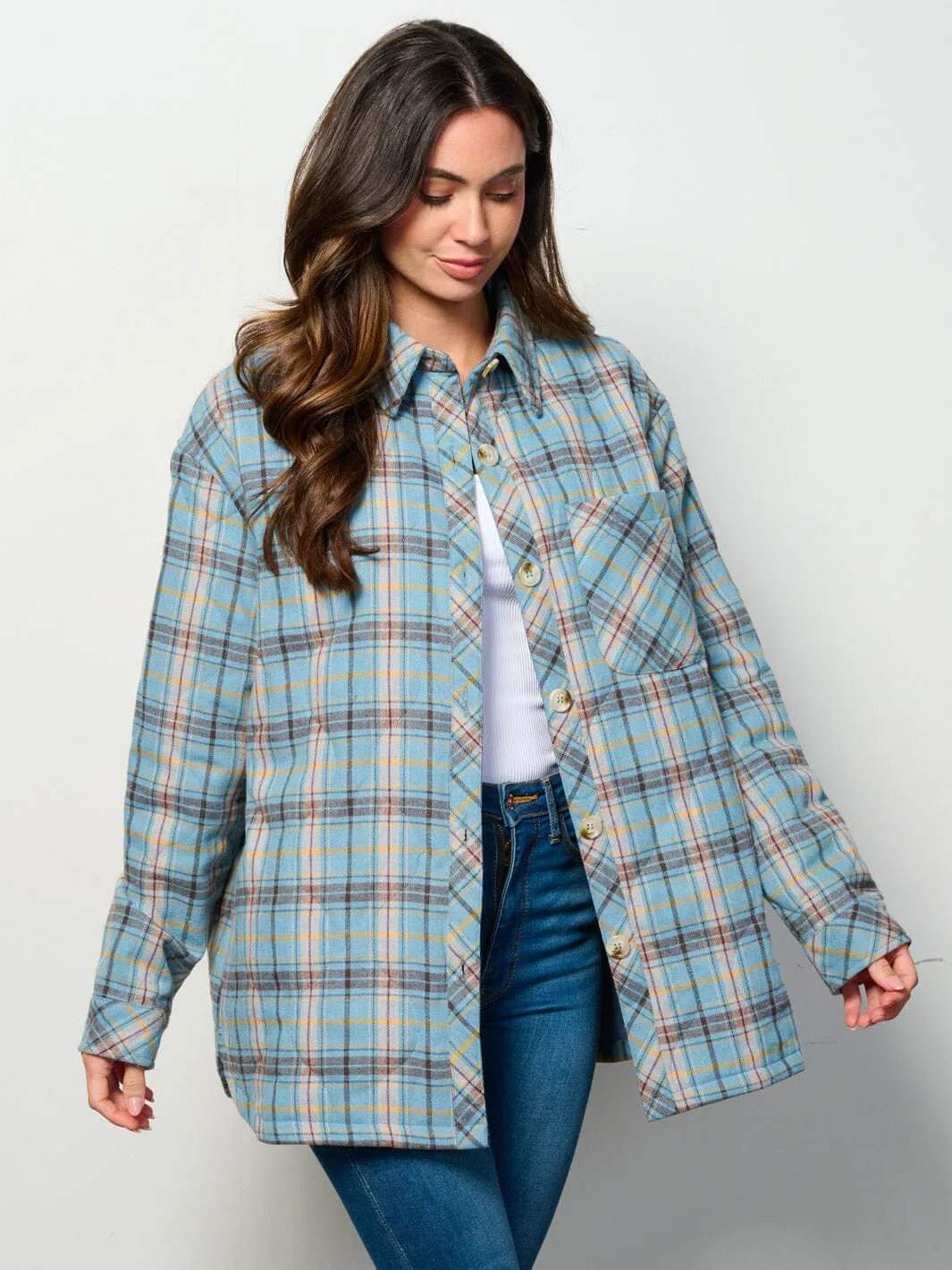 WOMEN'S LONG SLEEVE BUTTON UP FRONT POCKETS PUFFER PLAID JACKET
