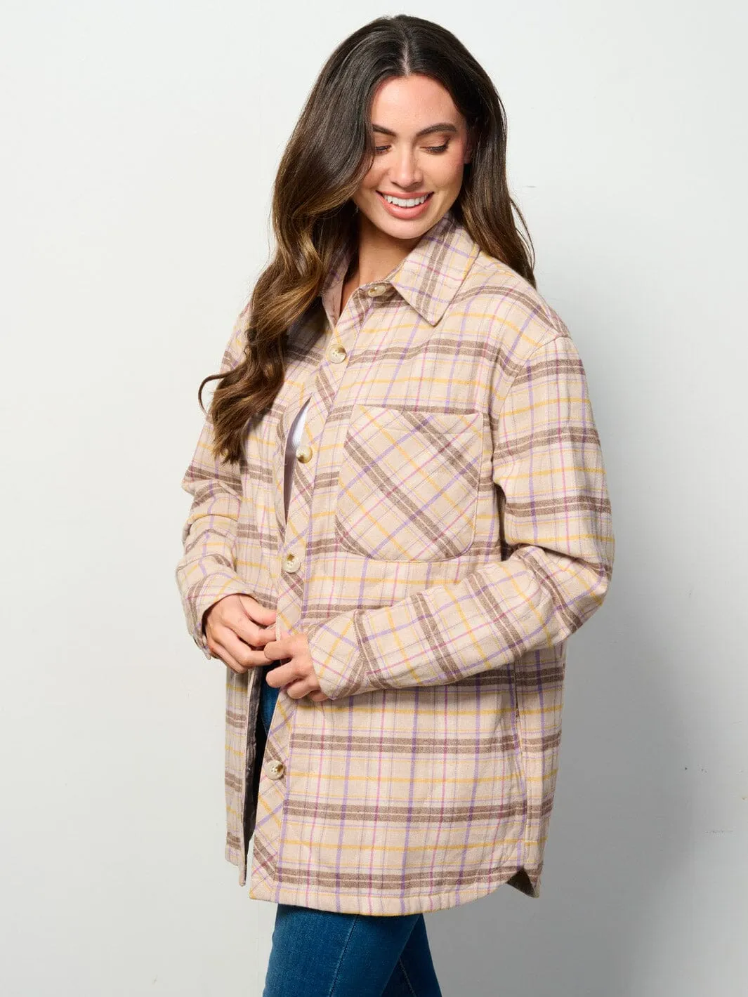 WOMEN'S LONG SLEEVE BUTTON UP FRONT POCKETS PUFFER PLAID JACKET