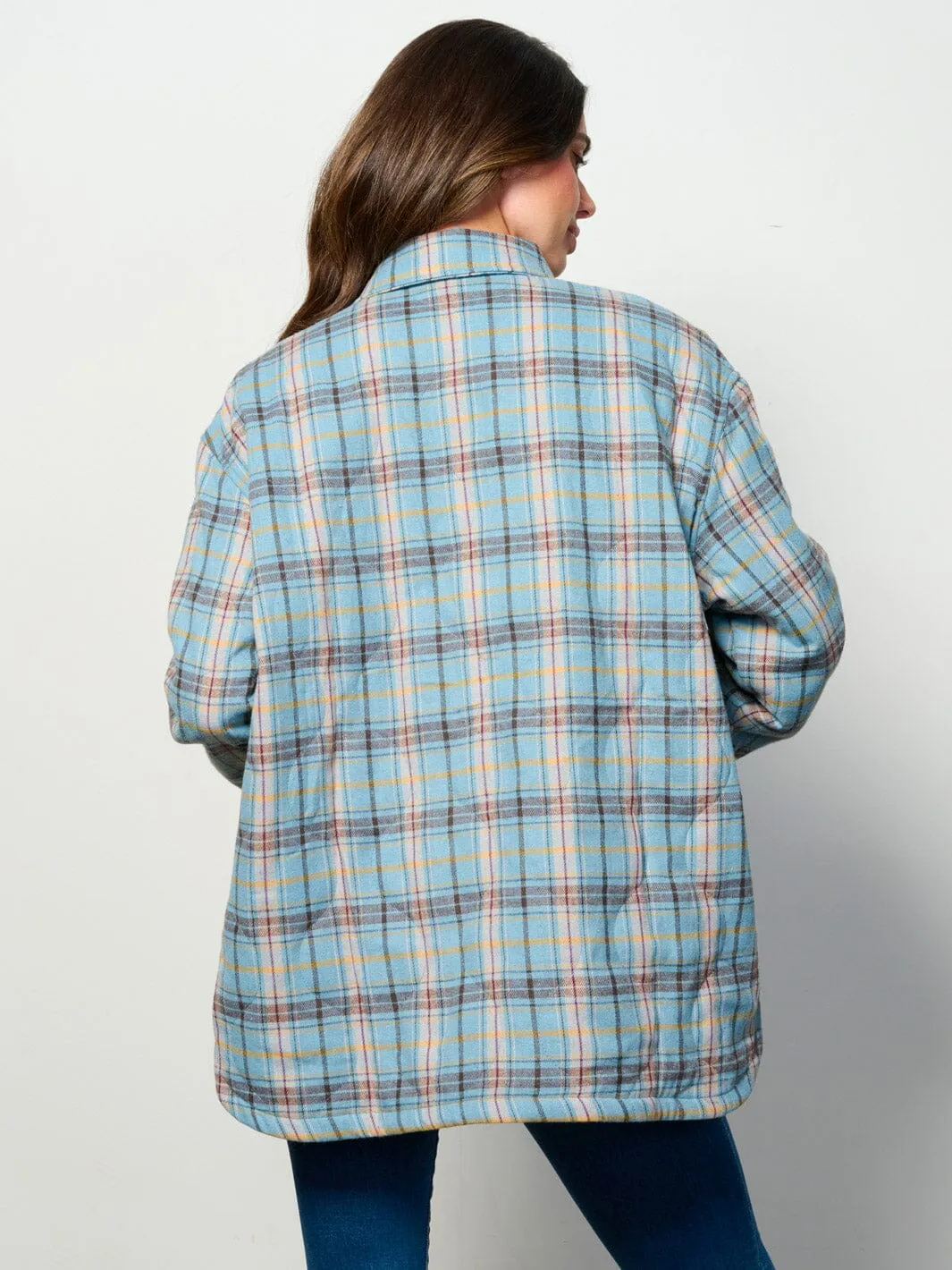 WOMEN'S LONG SLEEVE BUTTON UP FRONT POCKETS PUFFER PLAID JACKET