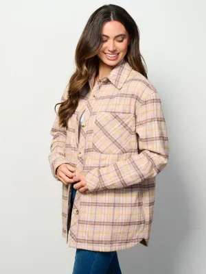 WOMEN'S LONG SLEEVE BUTTON UP FRONT POCKETS PUFFER PLAID JACKET