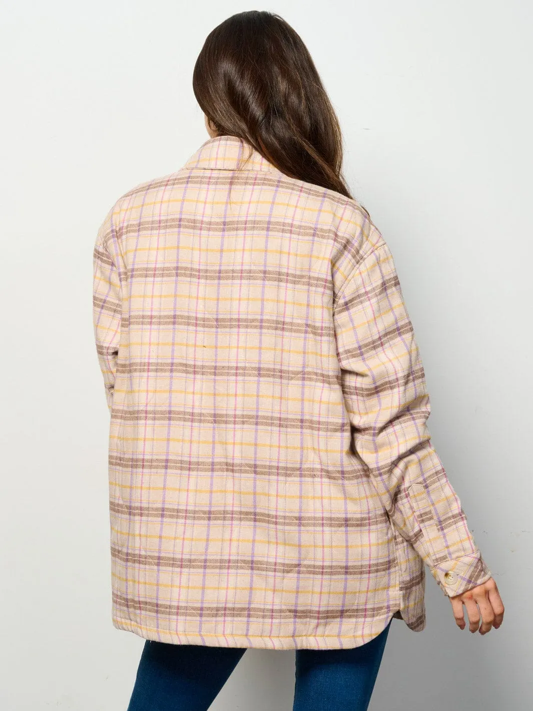 WOMEN'S LONG SLEEVE BUTTON UP FRONT POCKETS PUFFER PLAID JACKET