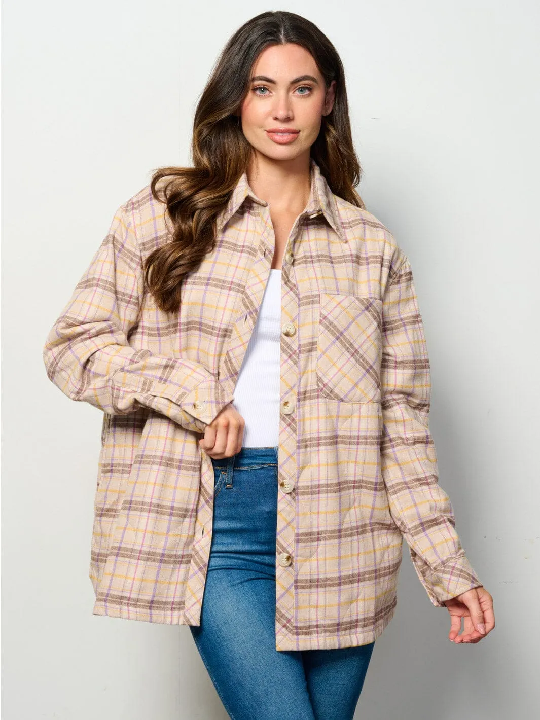 WOMEN'S LONG SLEEVE BUTTON UP FRONT POCKETS PUFFER PLAID JACKET