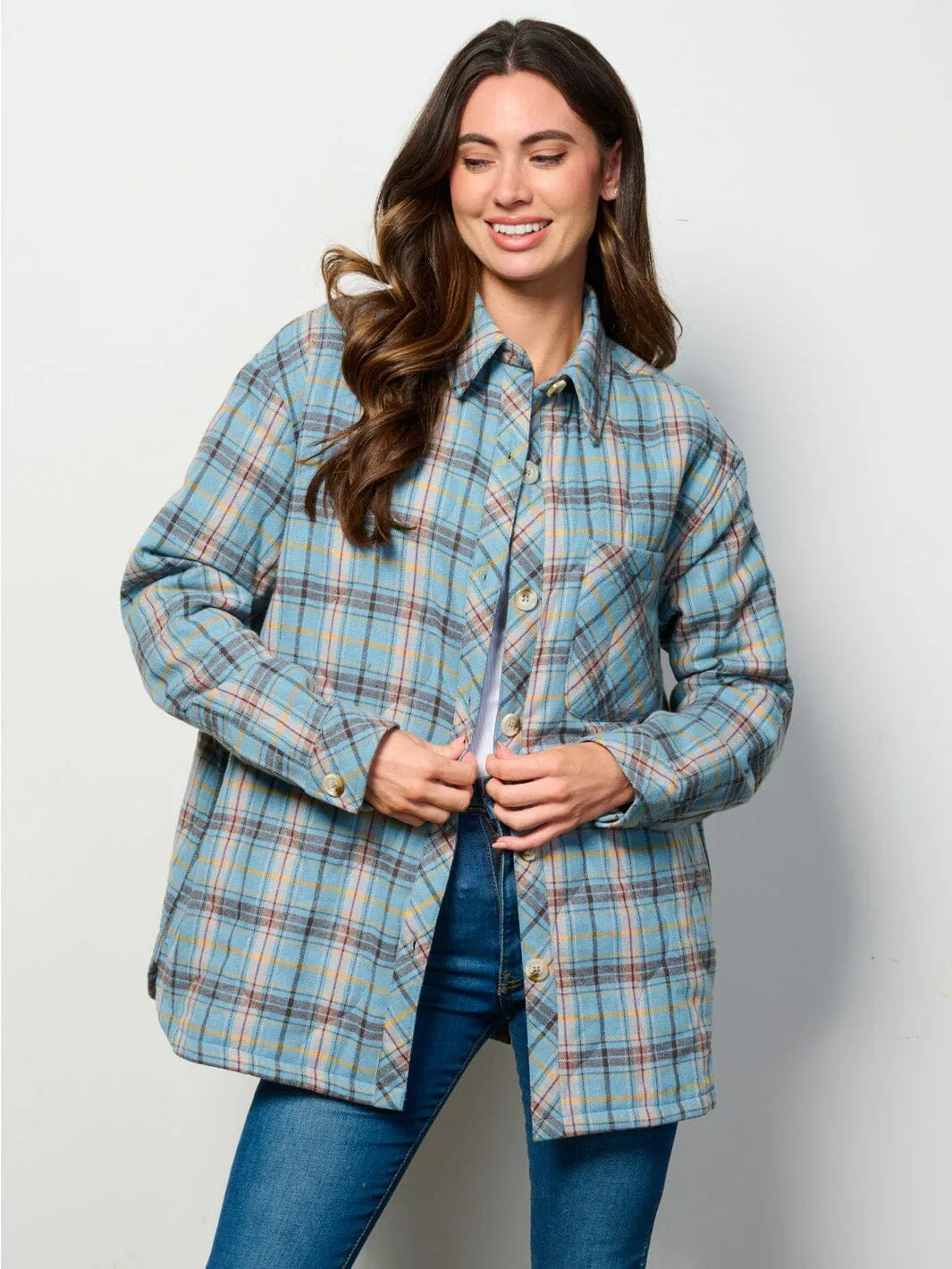WOMEN'S LONG SLEEVE BUTTON UP FRONT POCKETS PUFFER PLAID JACKET