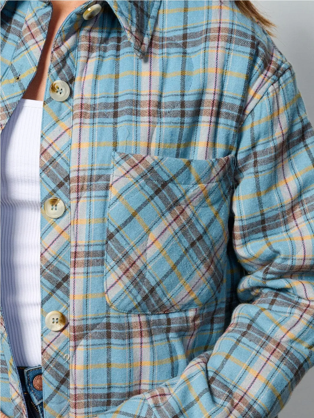 WOMEN'S LONG SLEEVE BUTTON UP FRONT POCKETS PUFFER PLAID JACKET