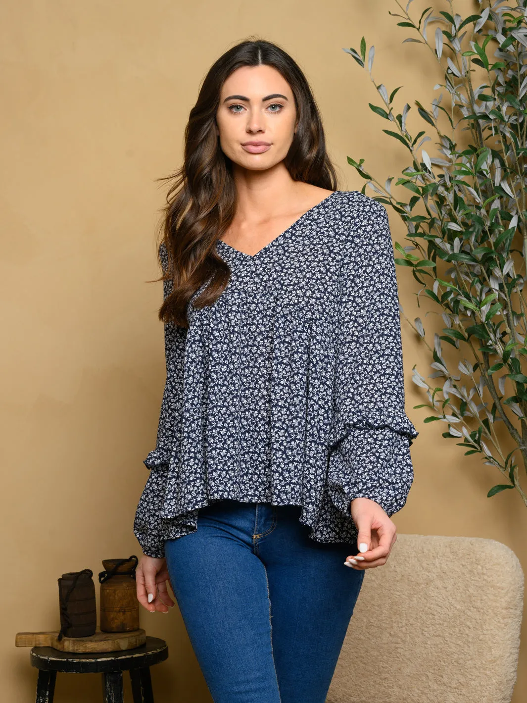 WOMEN'S LONG SLEEVE DITSY PRINT TOP