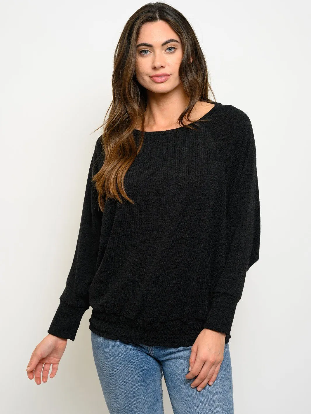 WOMEN'S LONG SLEEVE RUCHED TRIM TOP