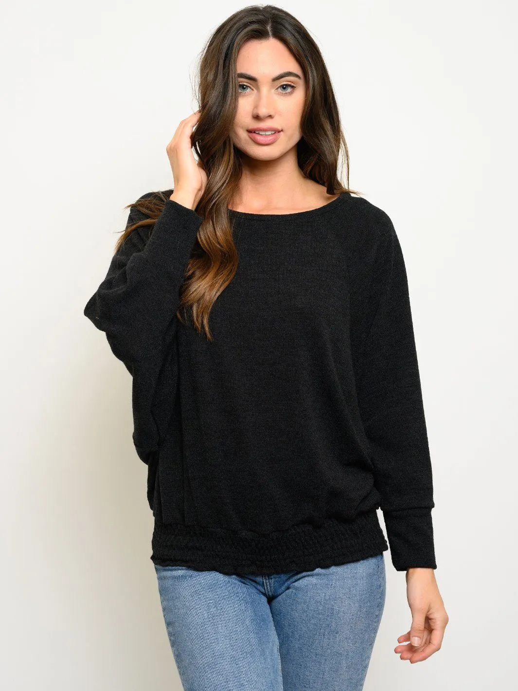 WOMEN'S LONG SLEEVE RUCHED TRIM TOP