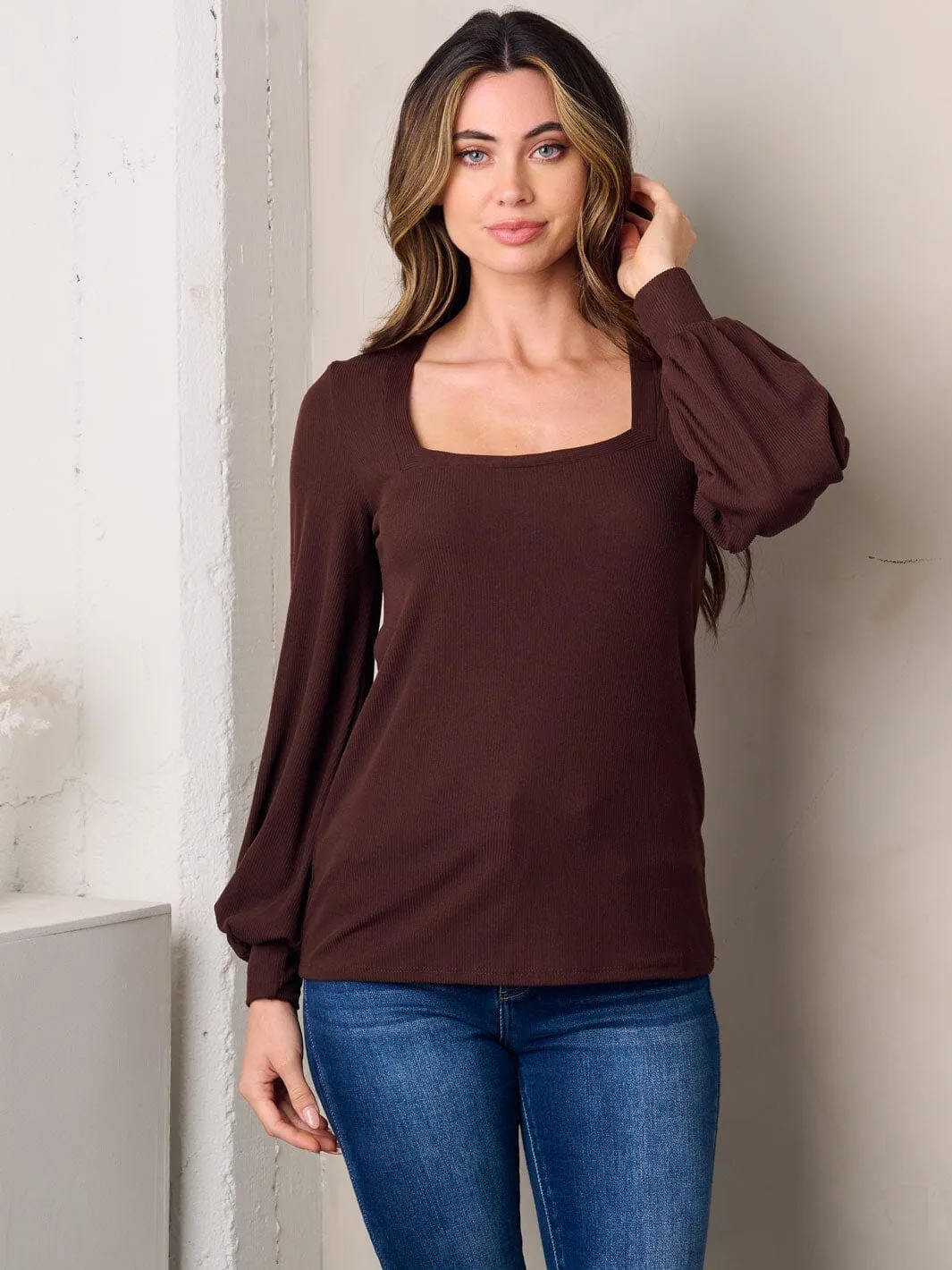 WOMEN'S LONG SLEEVE SQUARE NECK SOLID TOP