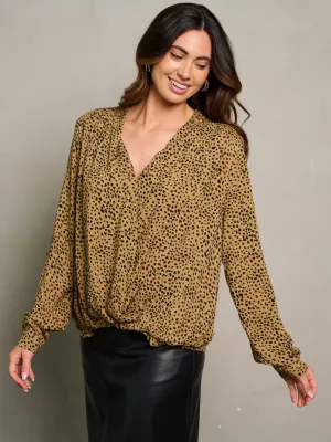 WOMEN'S LONG SLEEVE SURPLICE ANIMAL PRINT BLOUSE TOP